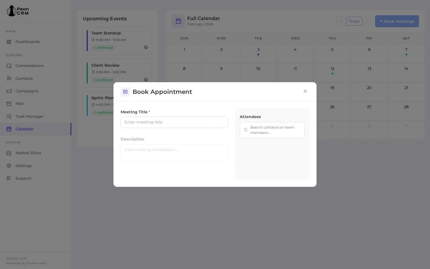 PawnCRM Book Appointment modal with form fields