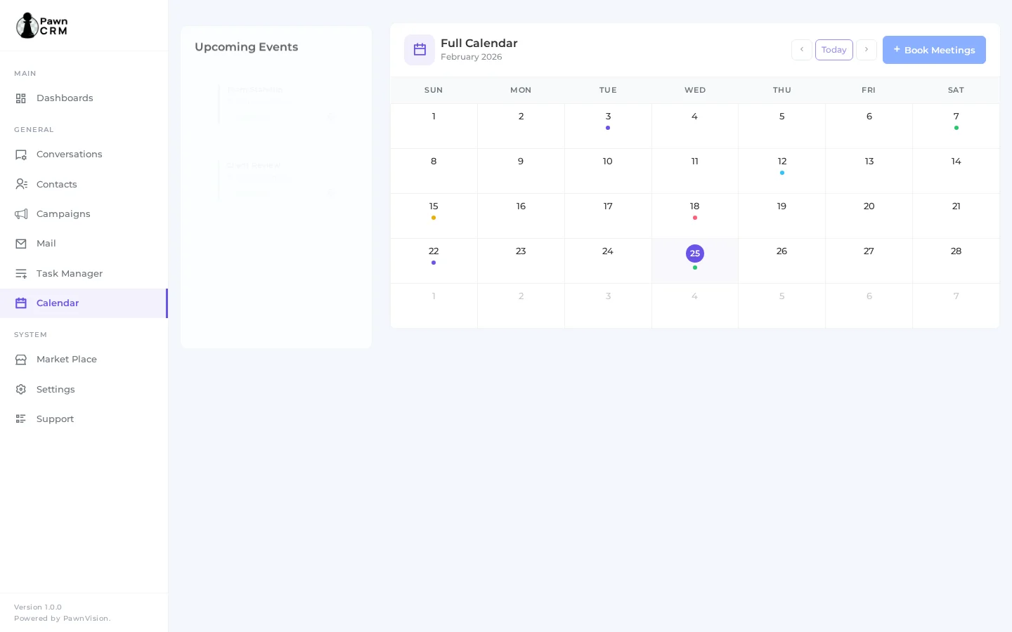 PawnCRM Calendar with upcoming events and monthly view