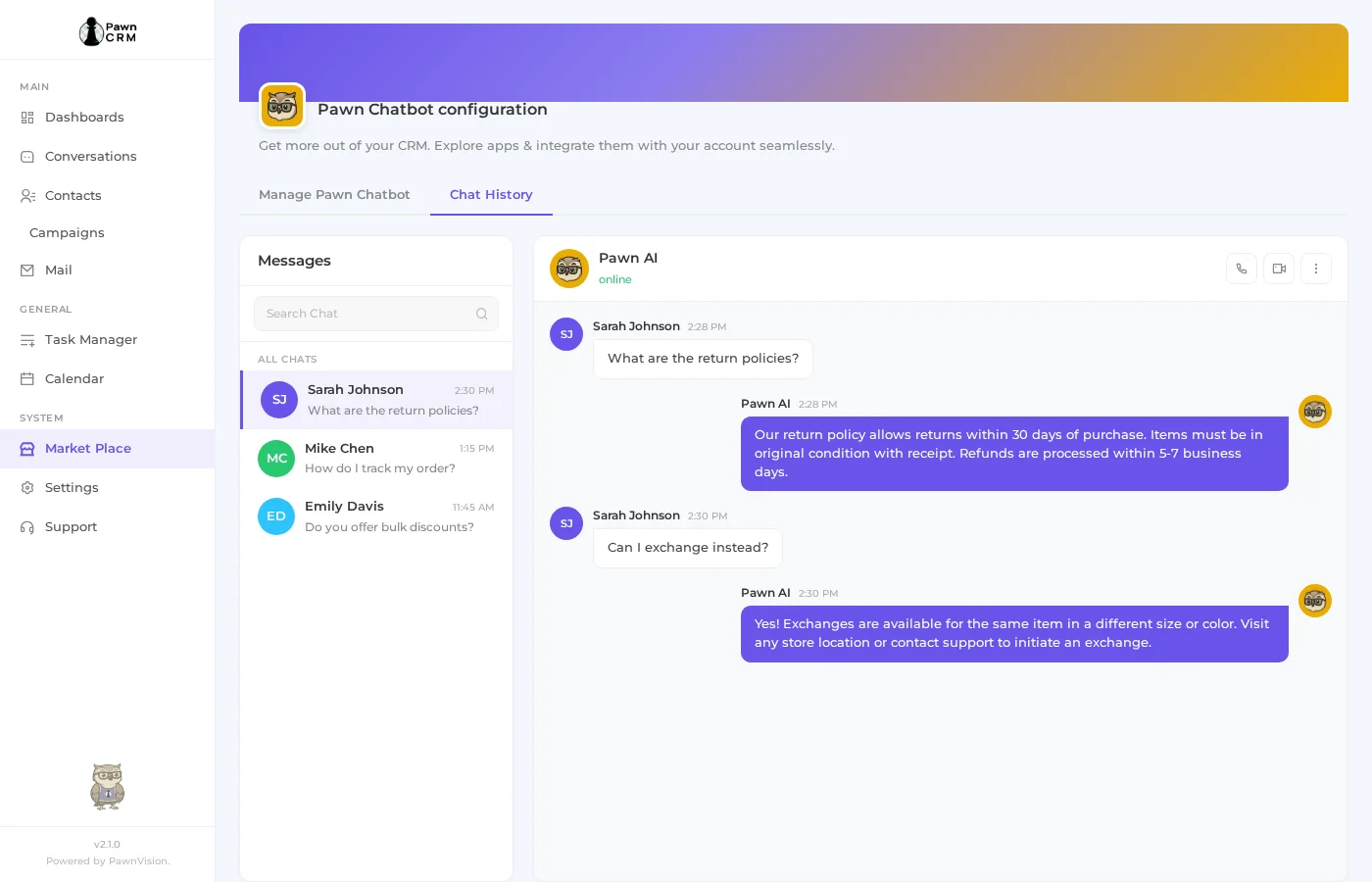 Chatbot Conversation History in PawnCRM