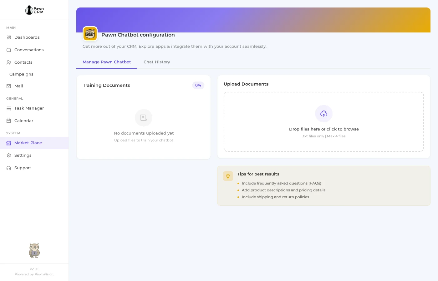 PawnCRM Chatbot Widget Configuration Page