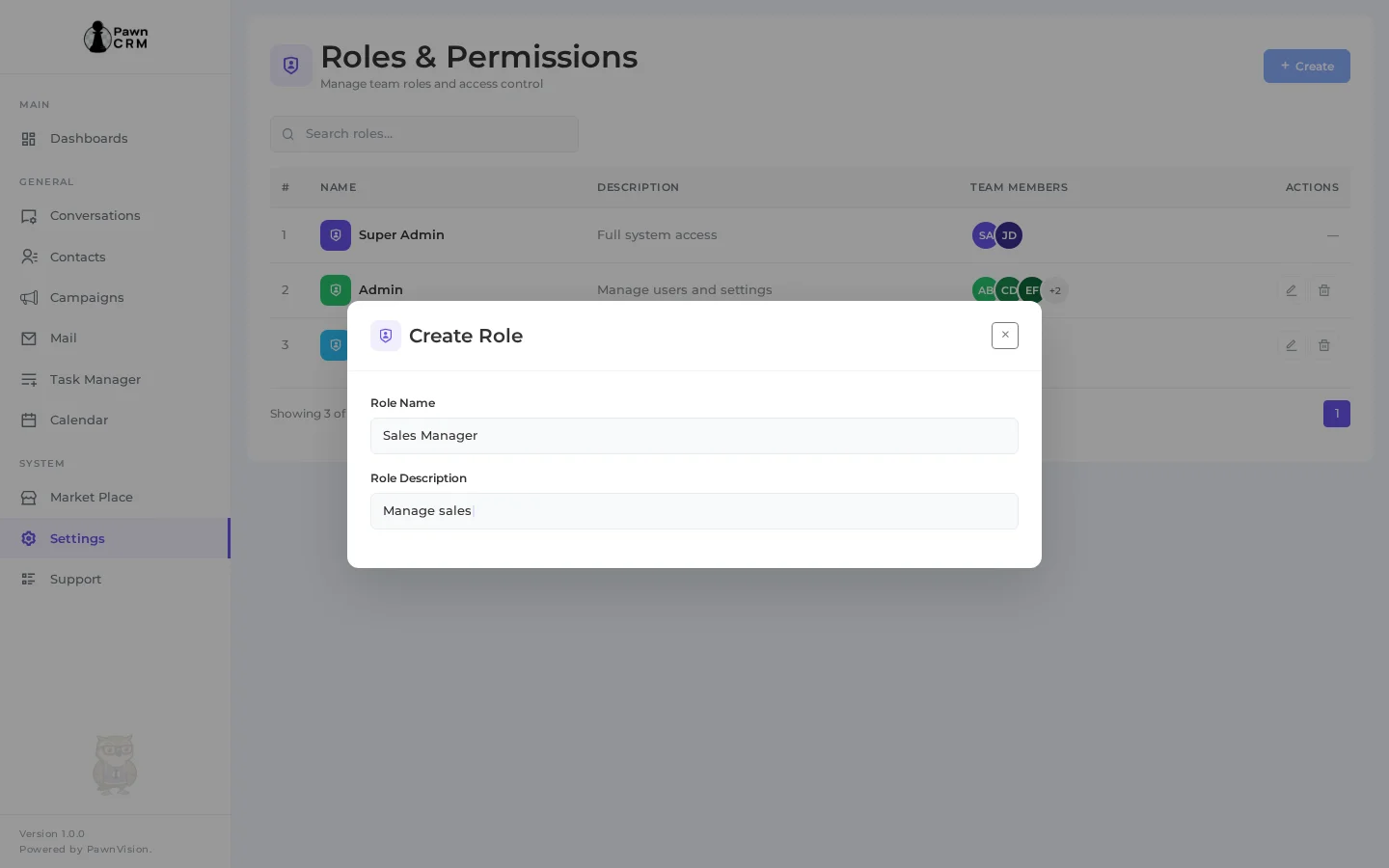 Create role modal in PawnCRM
