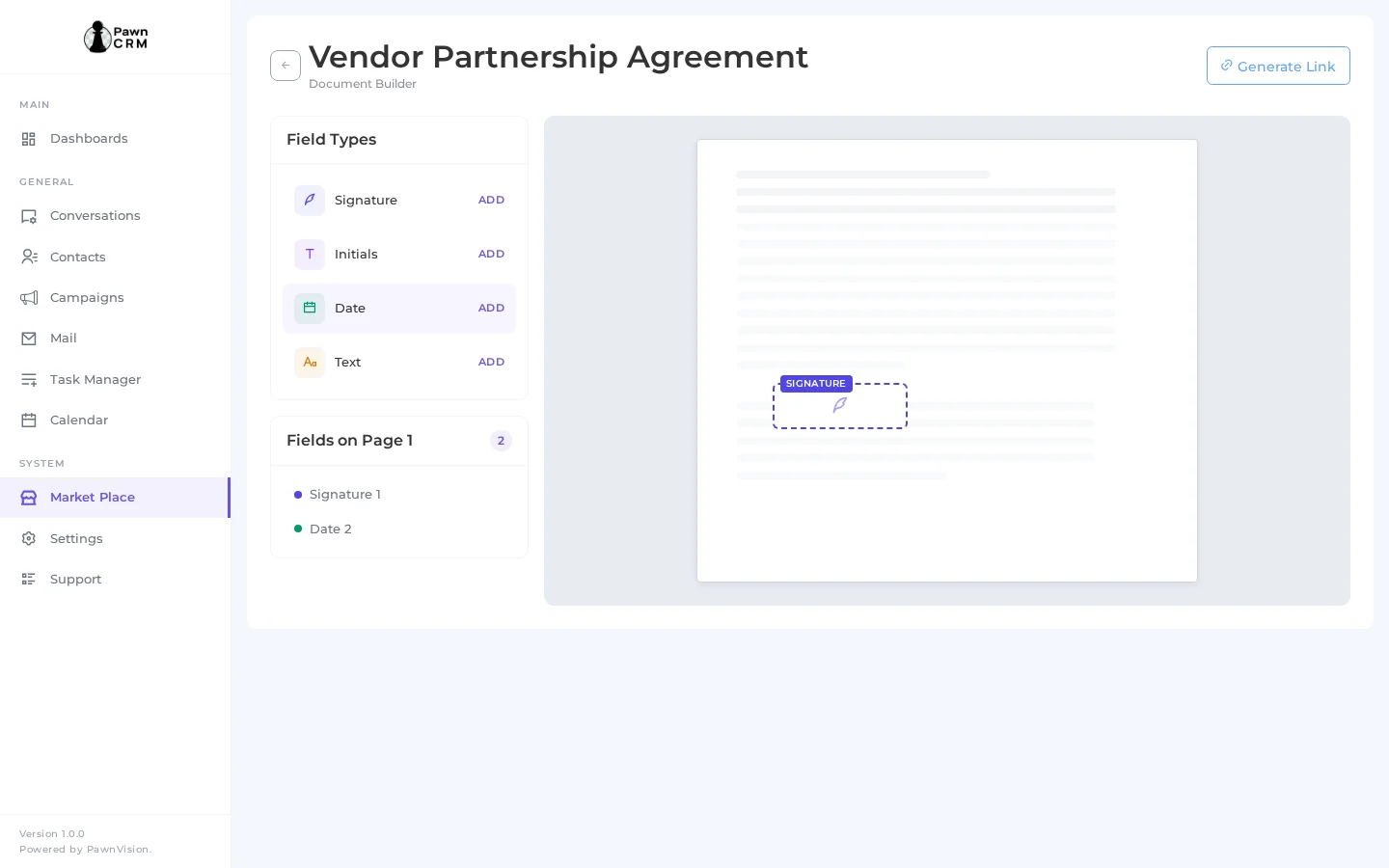 Document builder with signing fields on PDF