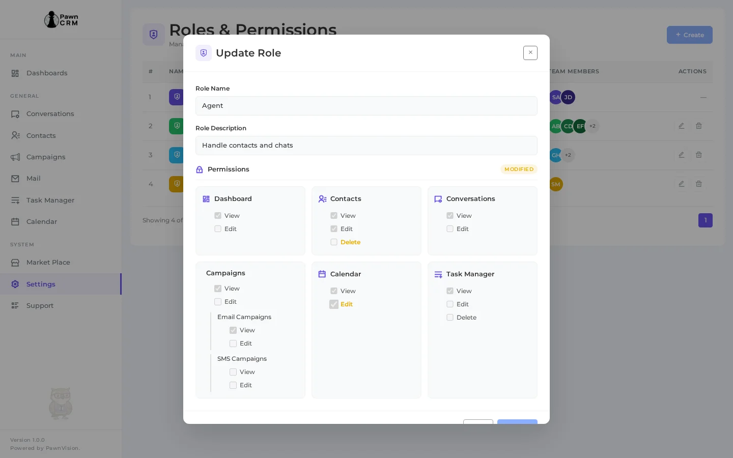 Edit role modal in PawnCRM