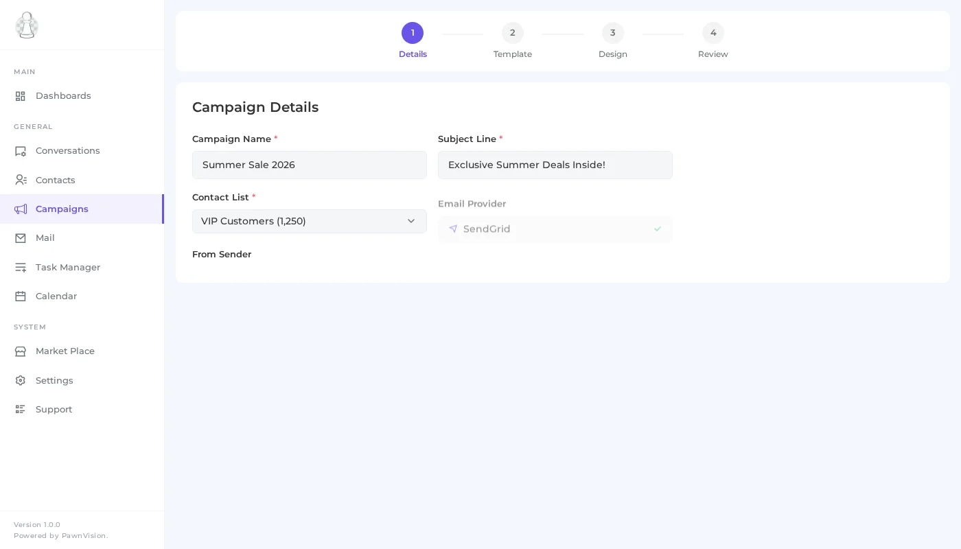 PawnCRM email campaign details form with name, subject, contacts, and provider