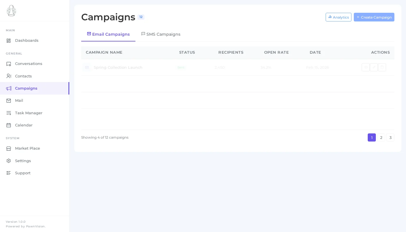 PawnCRM email campaigns hub showing campaign list with status and open rates