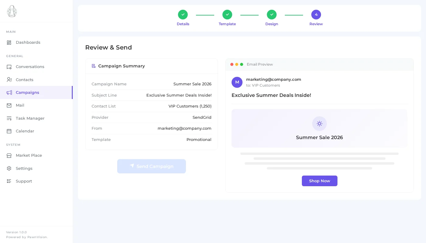 PawnCRM email campaign review showing summary, email preview, and send button