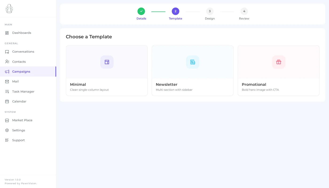 PawnCRM email template selection with Minimal, Newsletter, and Promotional options