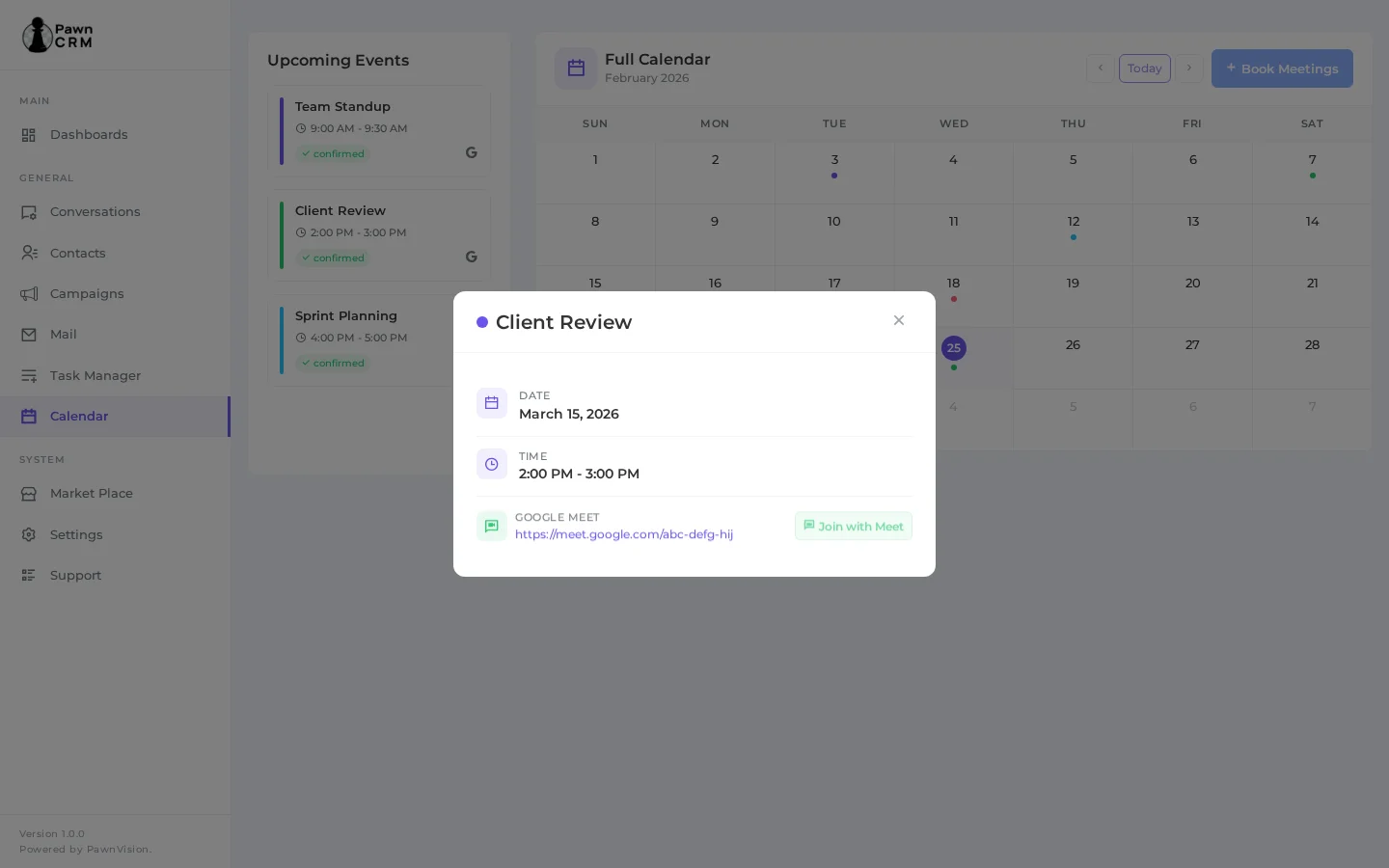 PawnCRM Event details with Google Meet integration