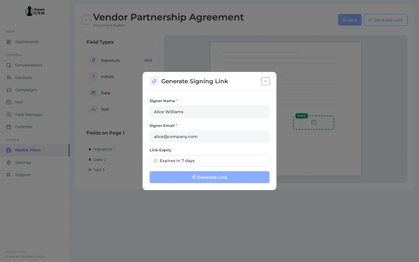 Generate signing link modal