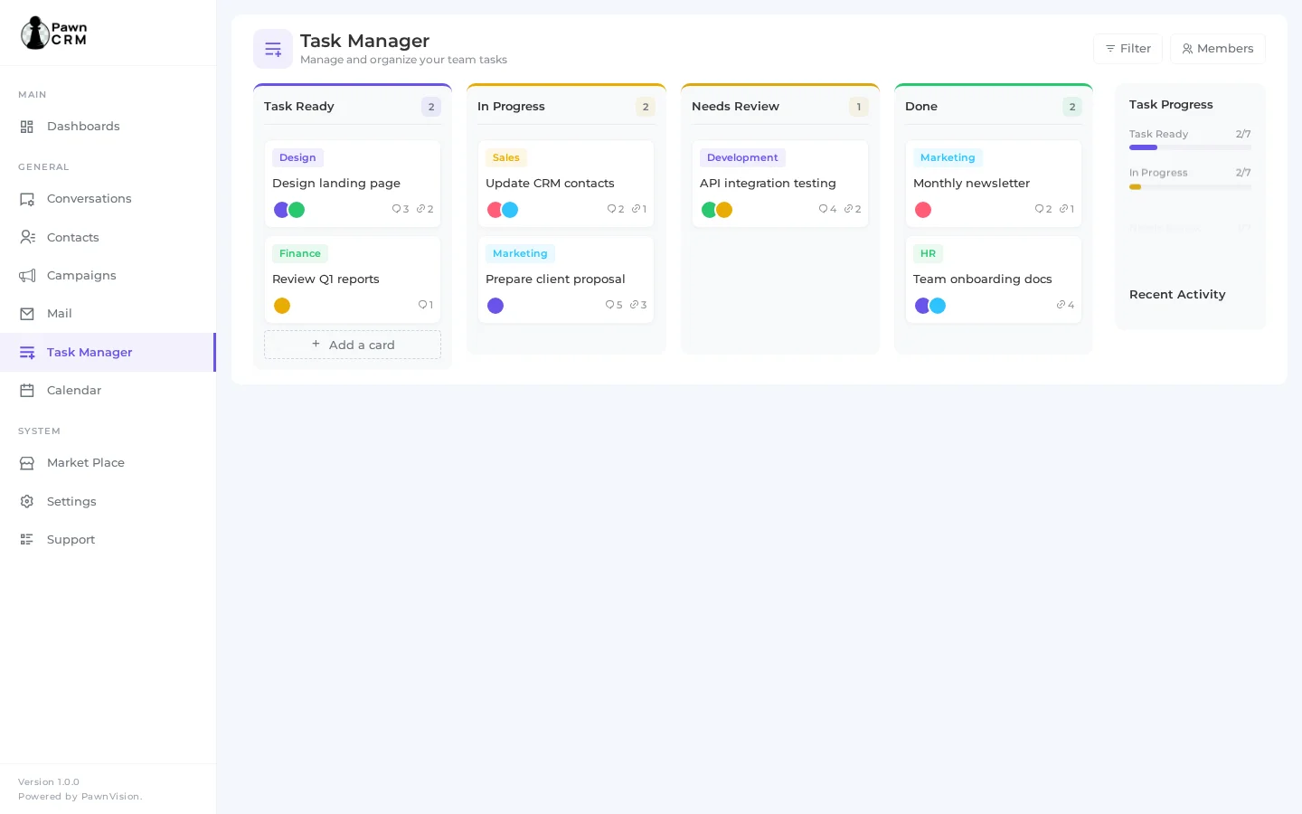 Kanban board with task cards and progress tracking