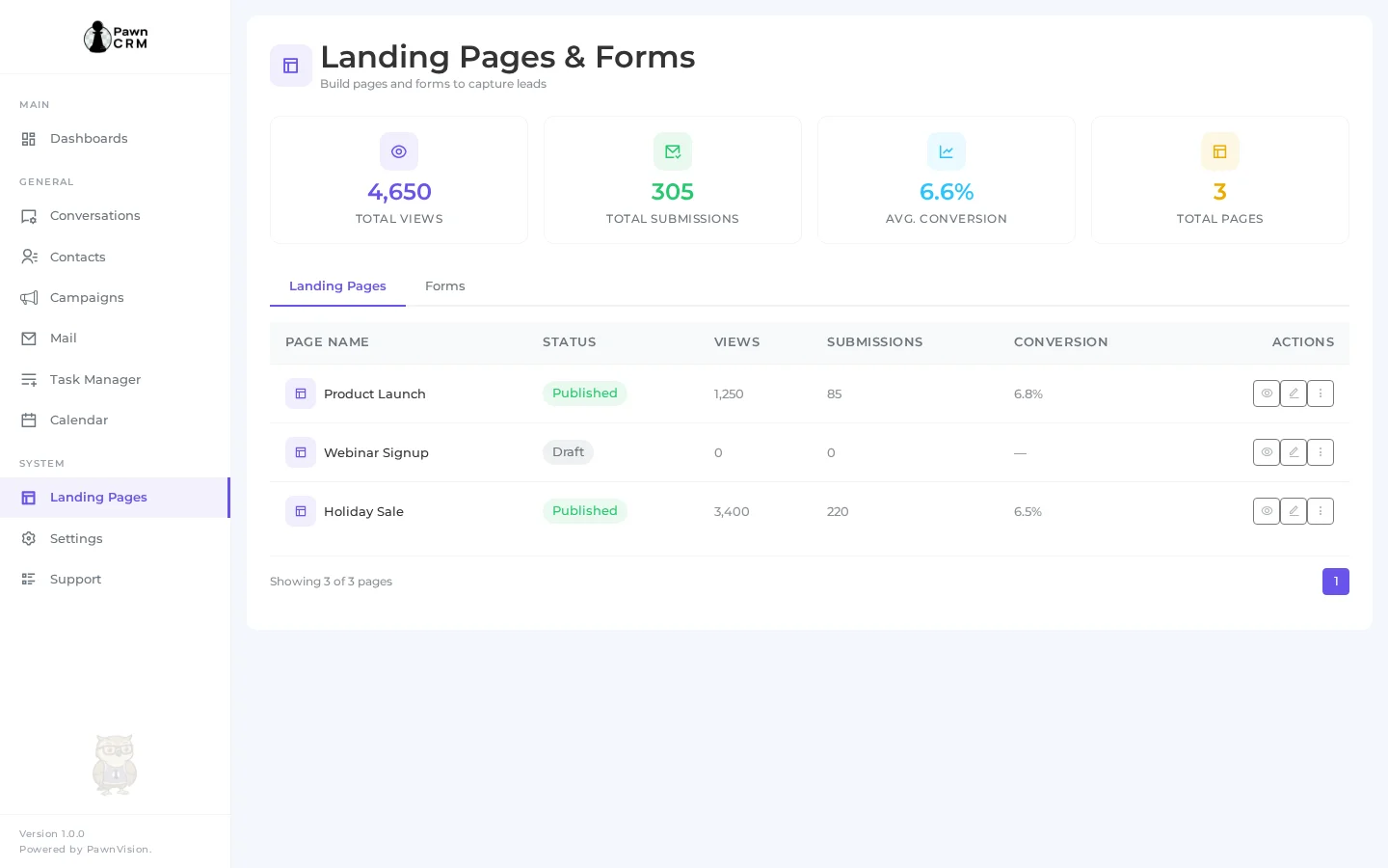 Landing pages list with stats in PawnCRM