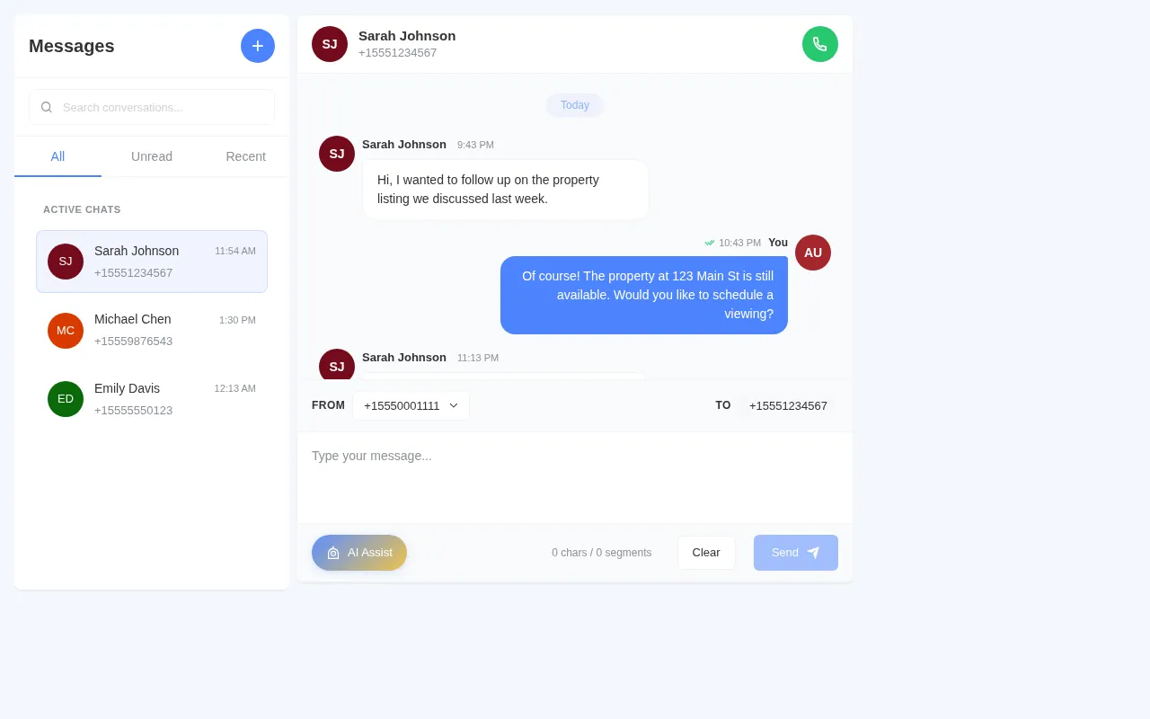 PawnCRM chat messaging interface showing conversation list and message history