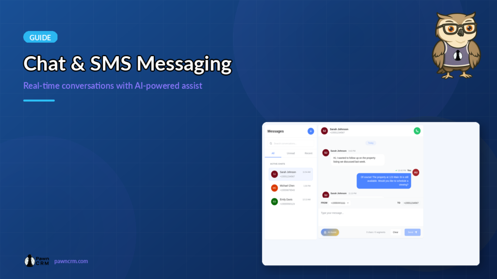 PawnCRM chat and SMS messaging interface screenshot