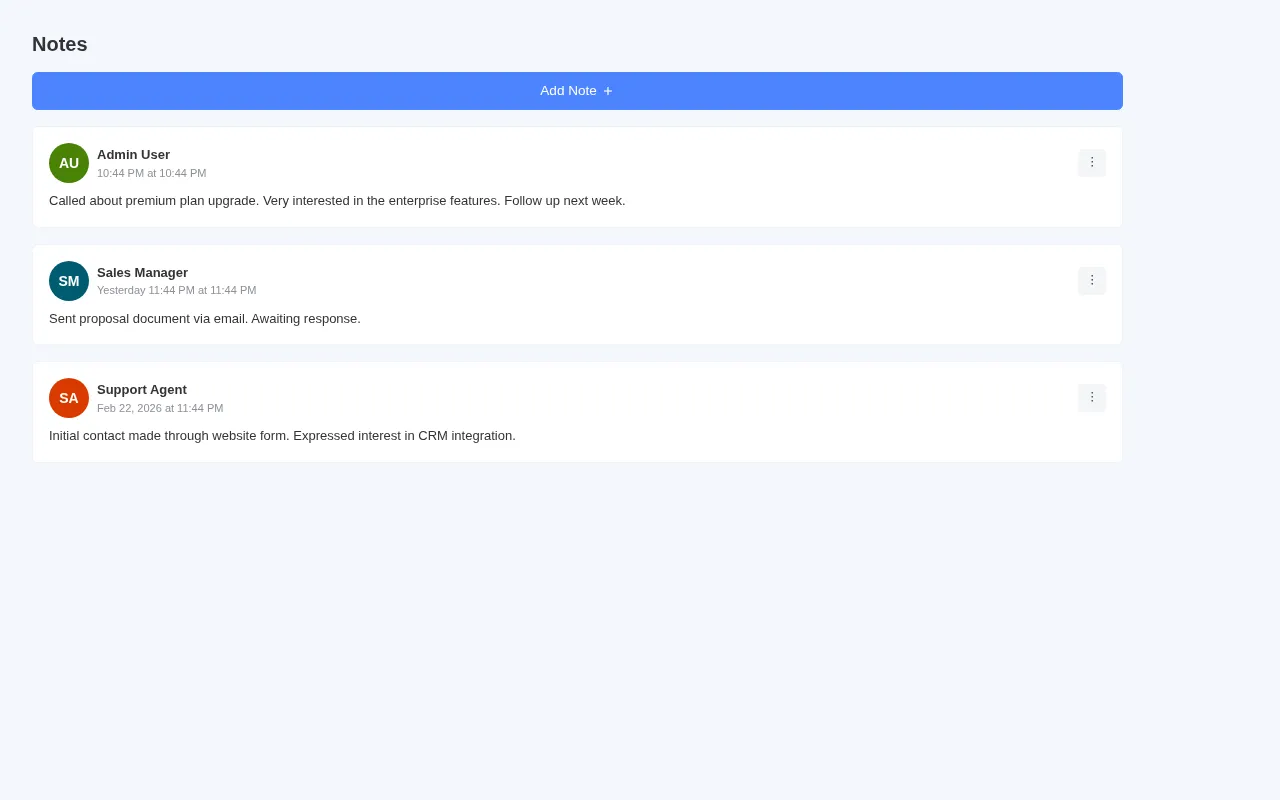 PawnCRM chat sidebar showing contact notes with pinned notes and timestamps