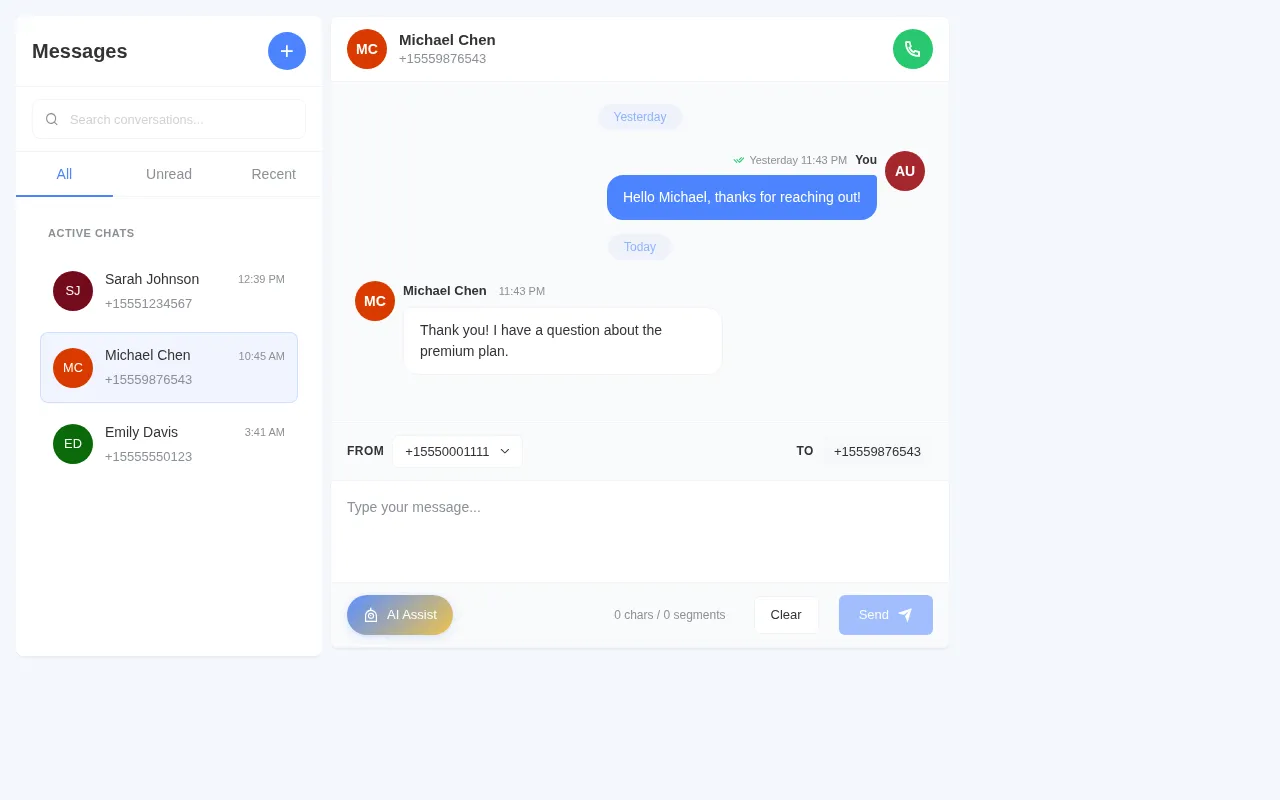 PawnCRM selected conversation showing inbound and outbound SMS messages with composer