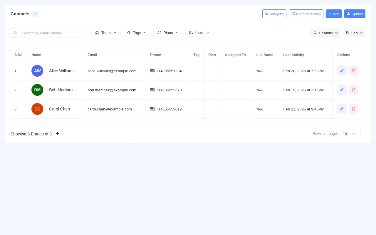 PawnCRM contact list showing all contacts with search, filters, and bulk actions