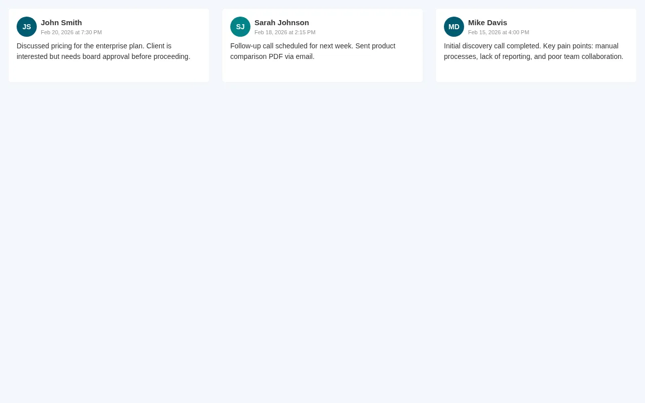 PawnCRM contact notes section showing pinned and regular notes for a contact
