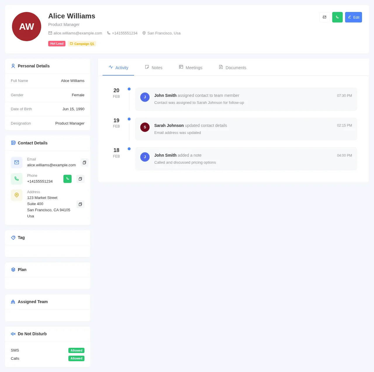 PawnCRM contact profile view showing details, activity, notes, and meetings tabs