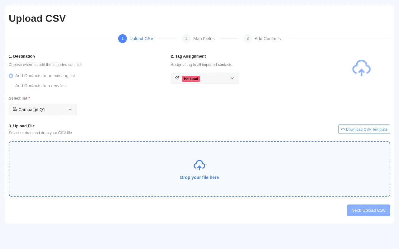 Drag and drop CSV file upload wizard in PawnCRM CRM