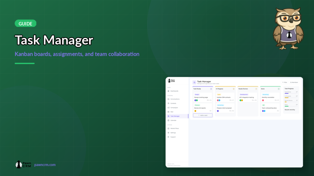 PawnCRM task manager kanban board screenshot