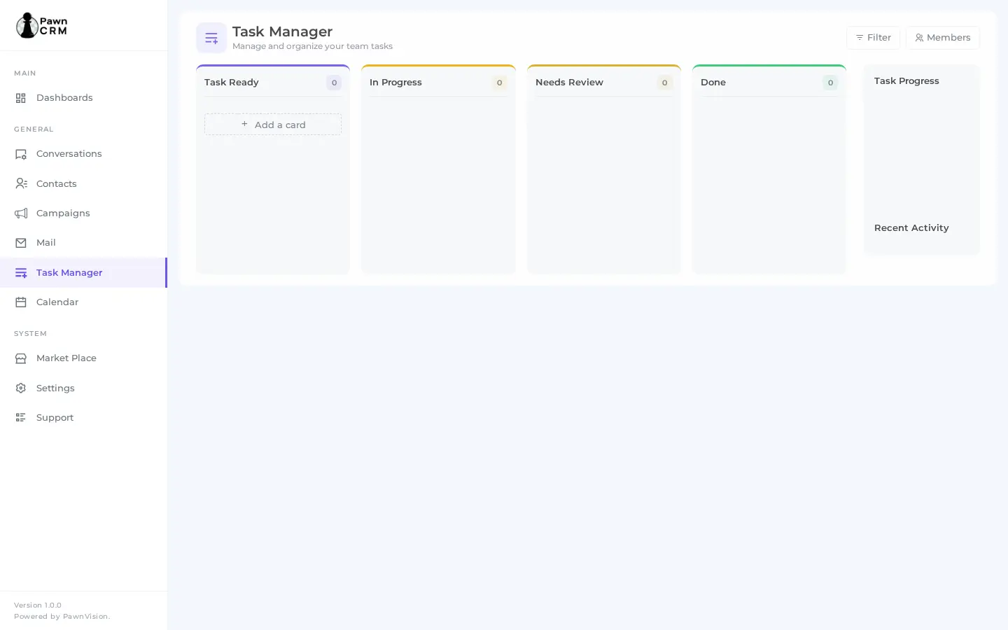 PawnCRM task manager Kanban board demo