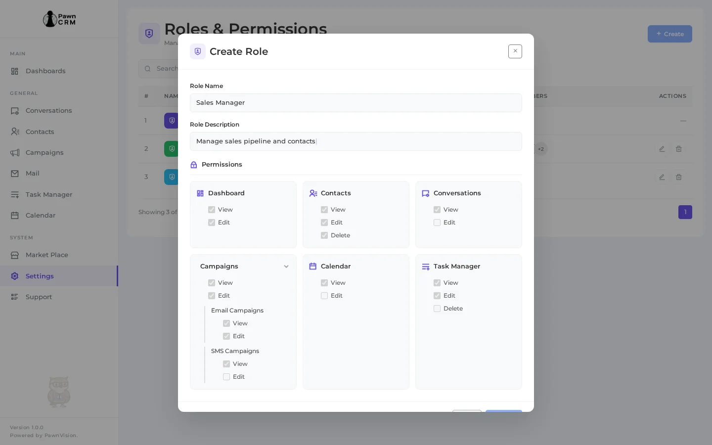 Permission assignment grid in PawnCRM