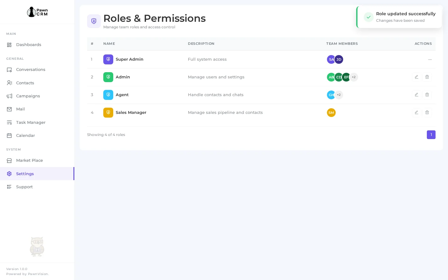 Updated roles list with success toast in PawnCRM