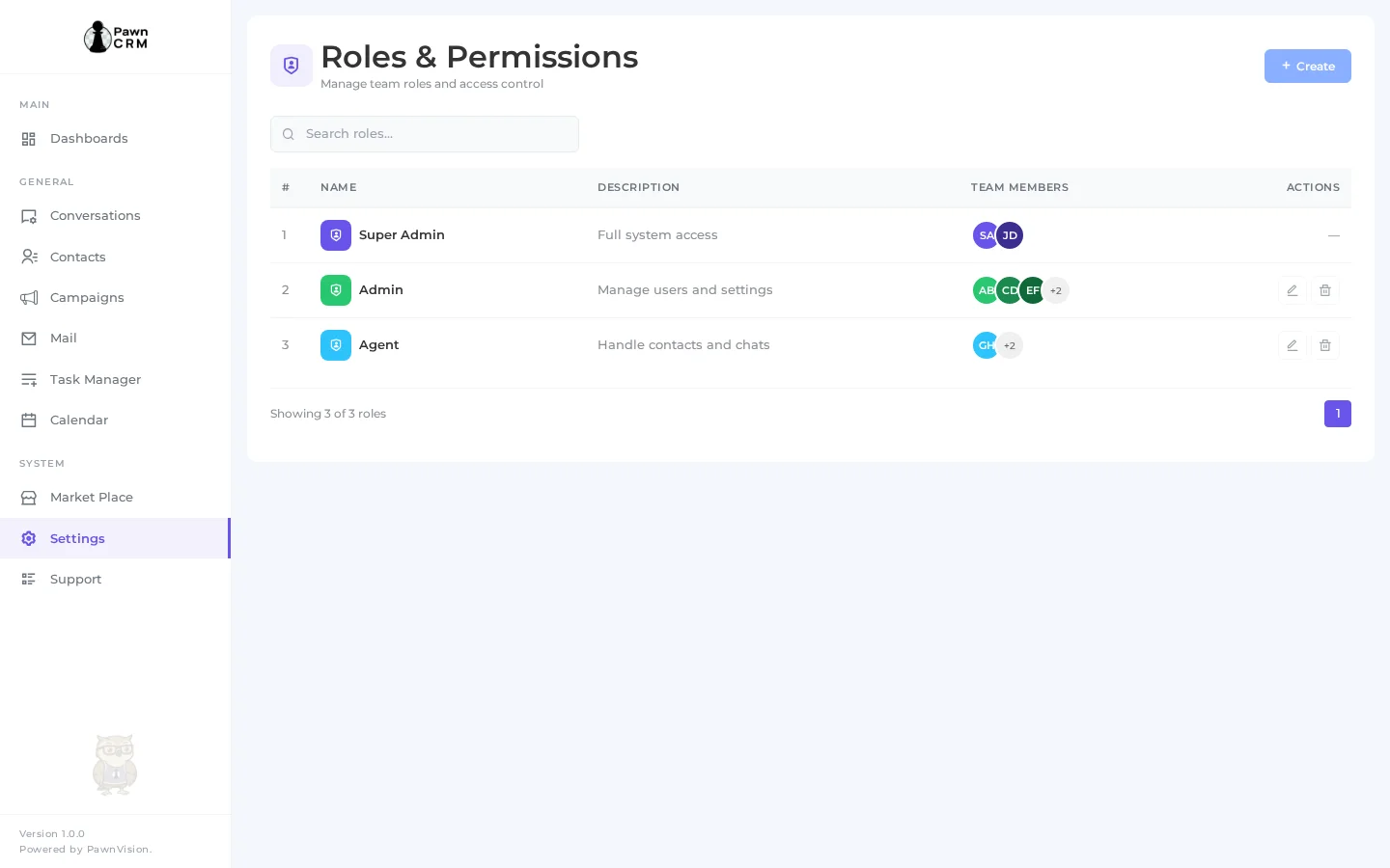 Roles list table overview in PawnCRM