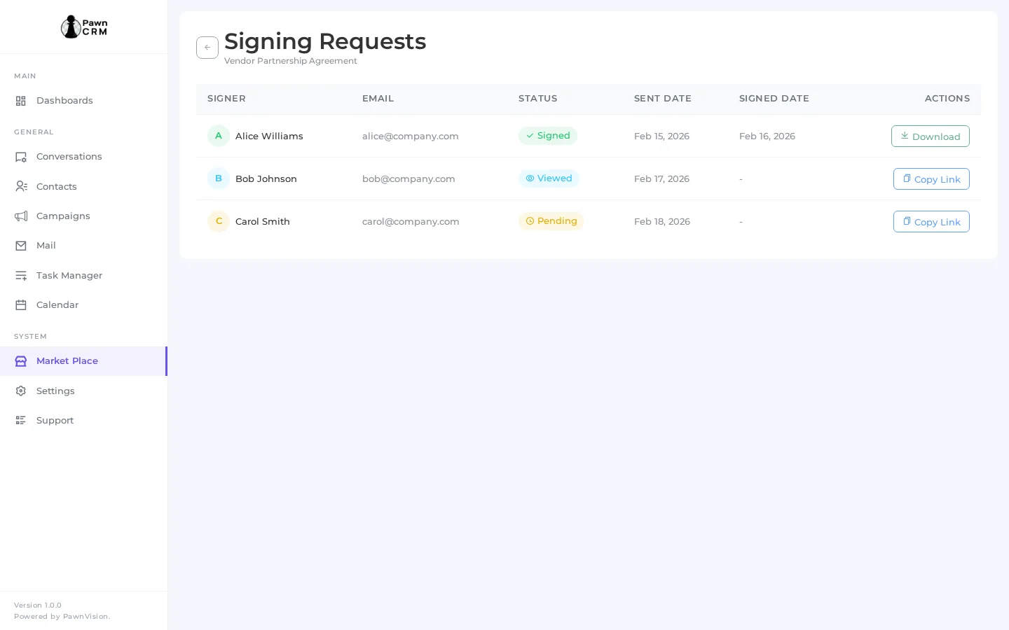 Signing requests tracking table