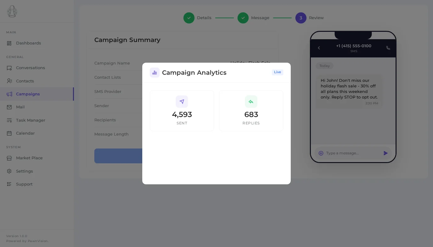 PawnCRM SMS campaign analytics modal showing sent, replies, response rate