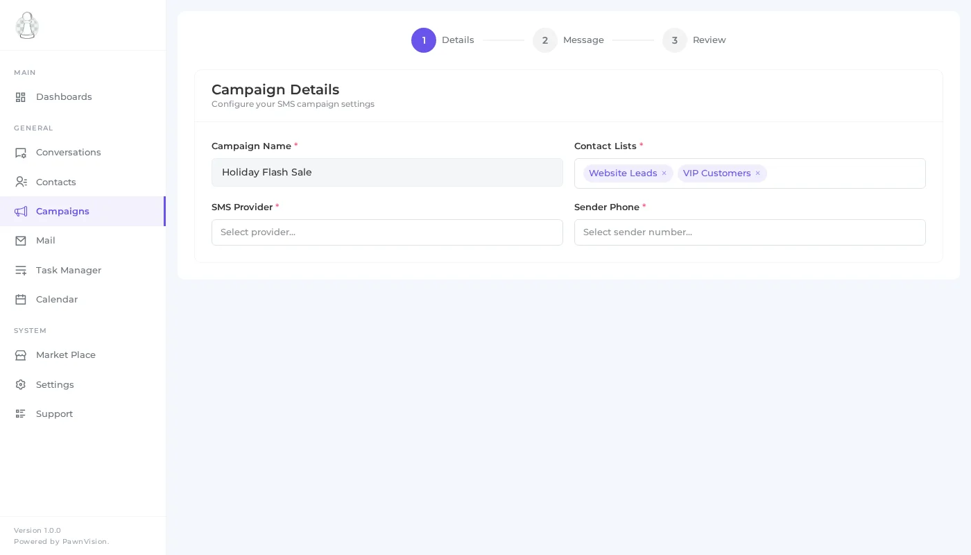 PawnCRM SMS campaign details form with name, contact lists, provider, and sender