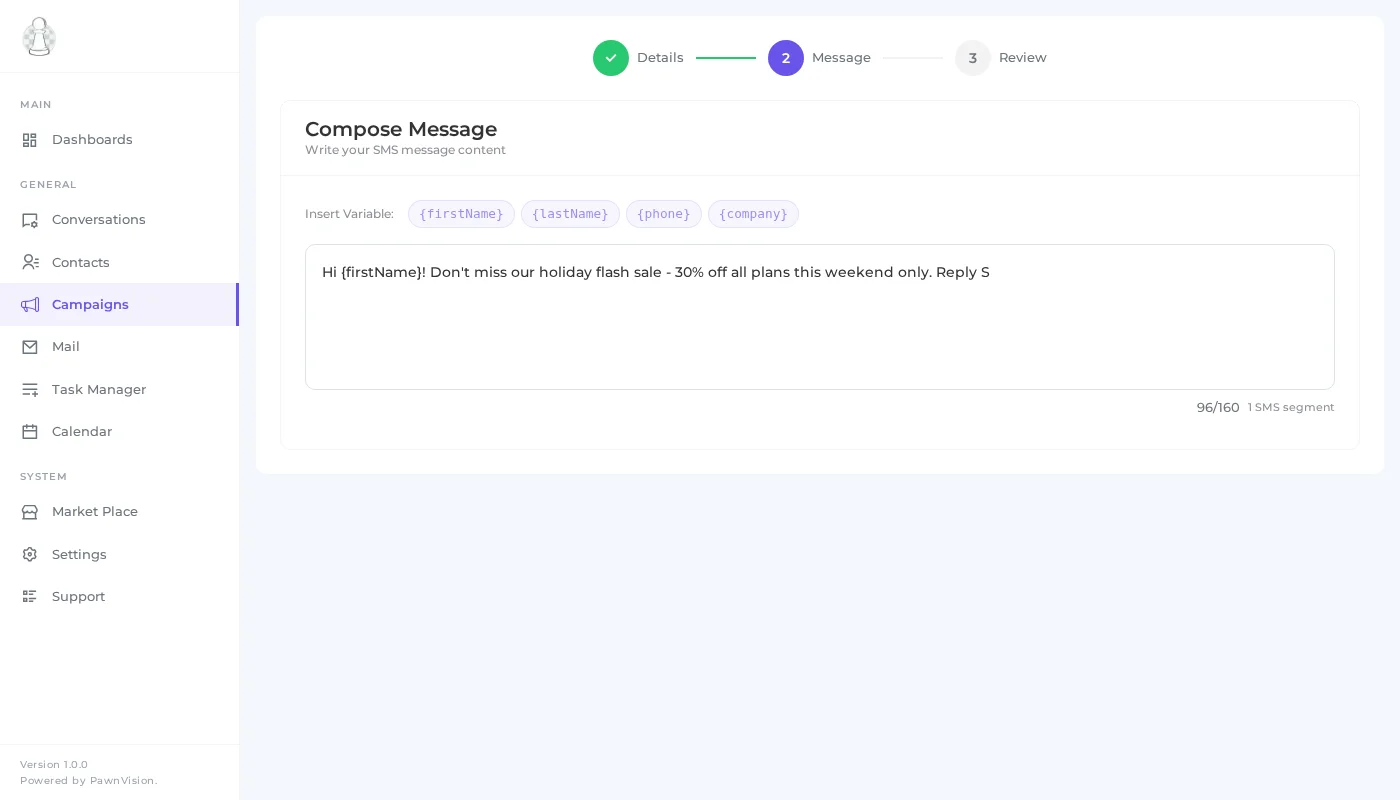 PawnCRM SMS message composer with variable insertion and character counter