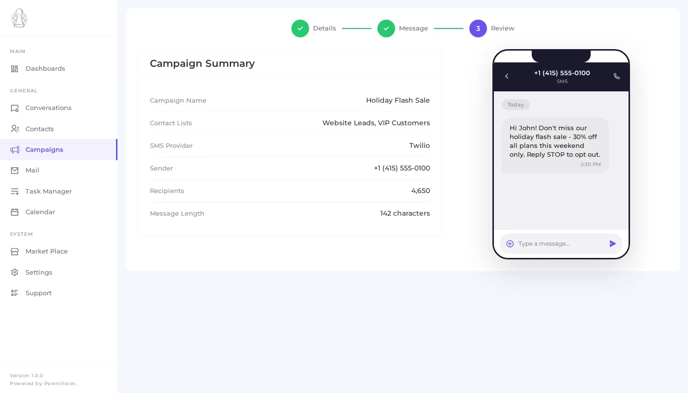 PawnCRM SMS campaign review with summary and phone mockup preview