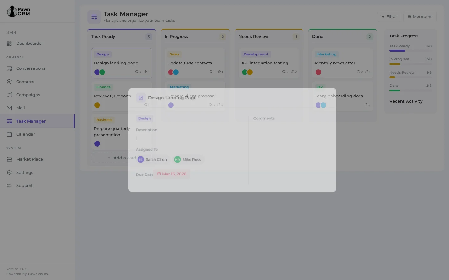 Task detail modal with assignments and comments