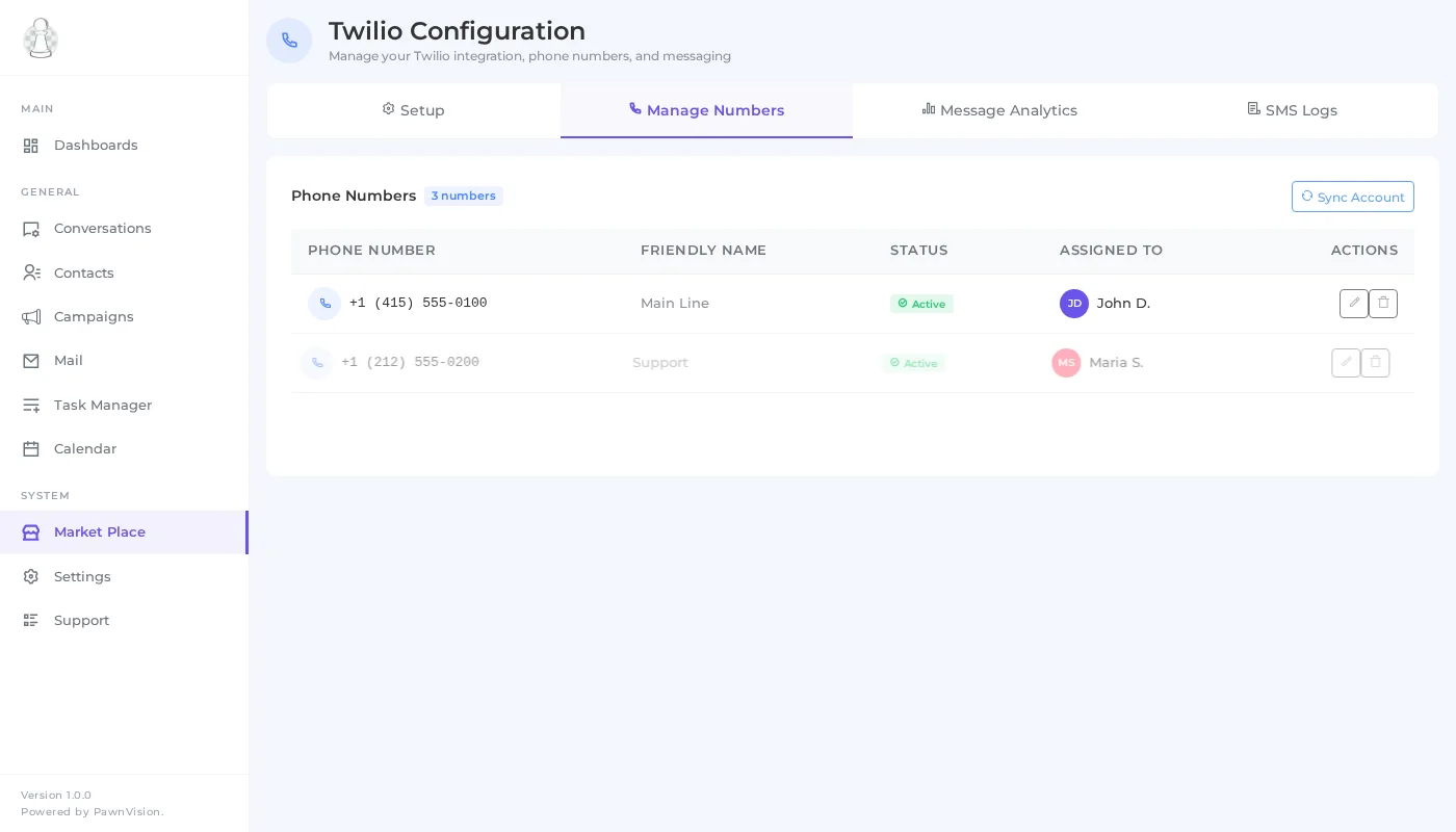 PawnCRM Twilio phone number management with assigned users and status