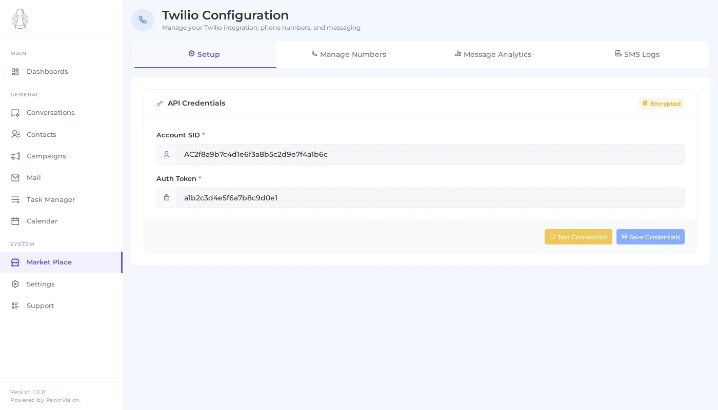 PawnCRM Twilio API credentials setup with Account SID and Auth Token