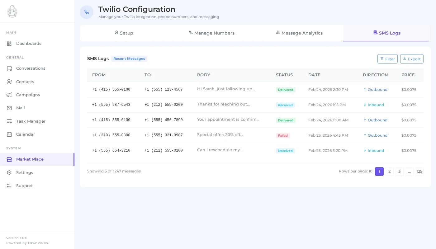 PawnCRM SMS logs showing message history with status, direction, and pricing