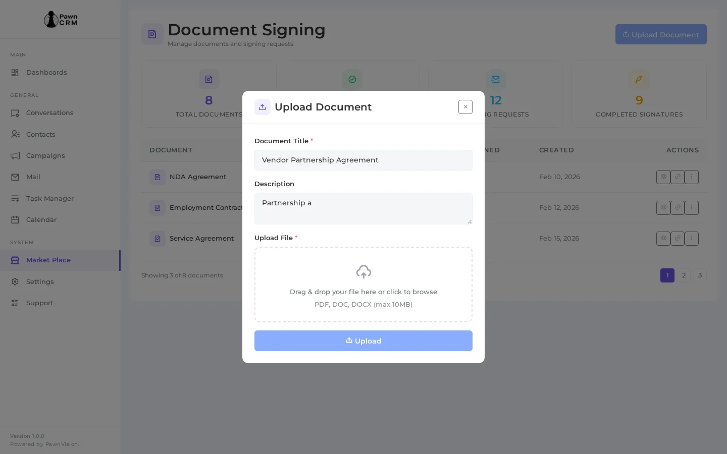 Upload document modal in PawnCRM